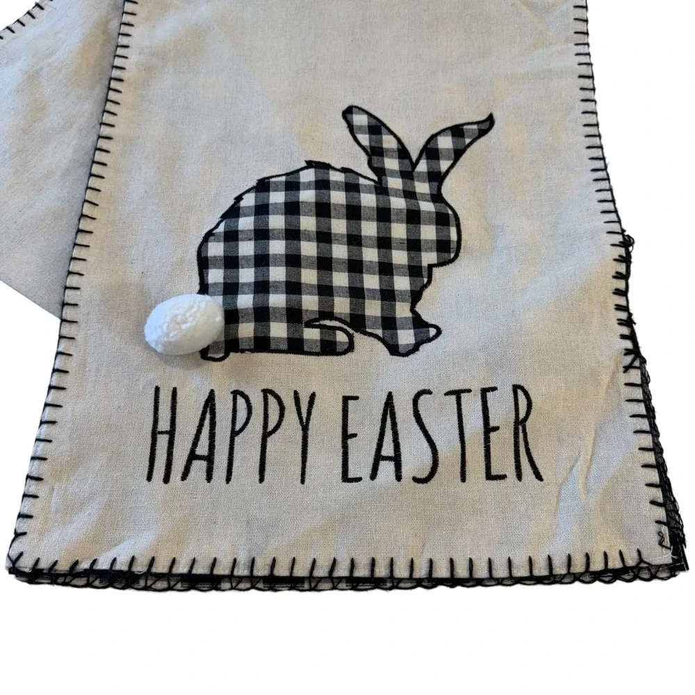 MStyle Easter Bunny Table Runner Buffalo Check Farmhouse Black White Linen Blend